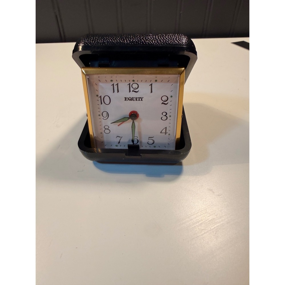 Vintage Equity Travel Alarm Clock Wind Up Mechanical Black Clamshell Case Gold